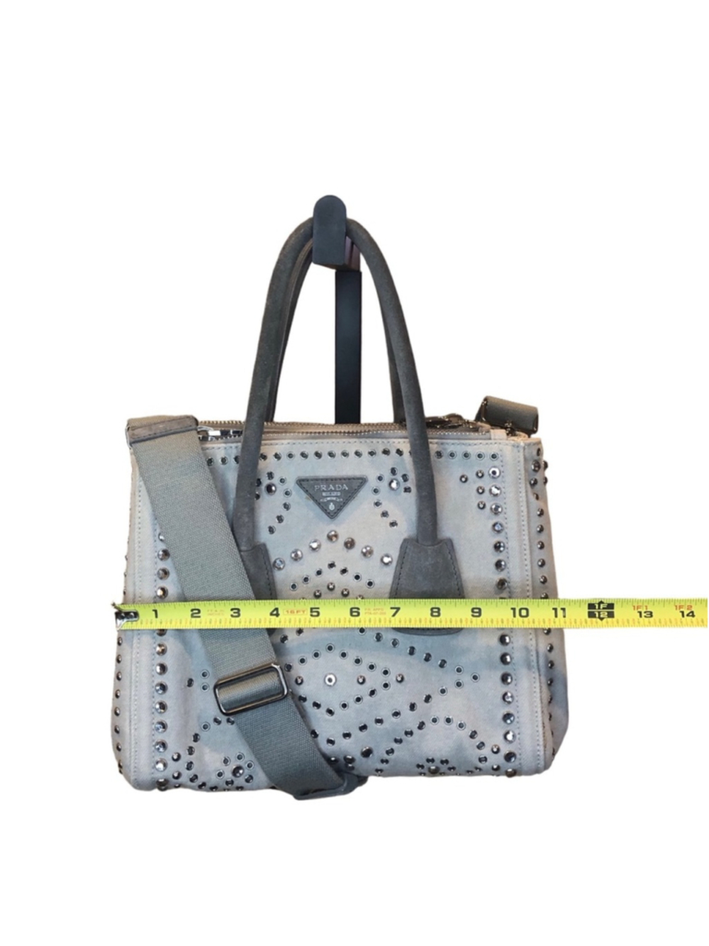 PRADA Canapa Bijoux 2-Way LT Grey Canvas Tote Bag Adorned with Crystals & Studs - Picture 16 of 17